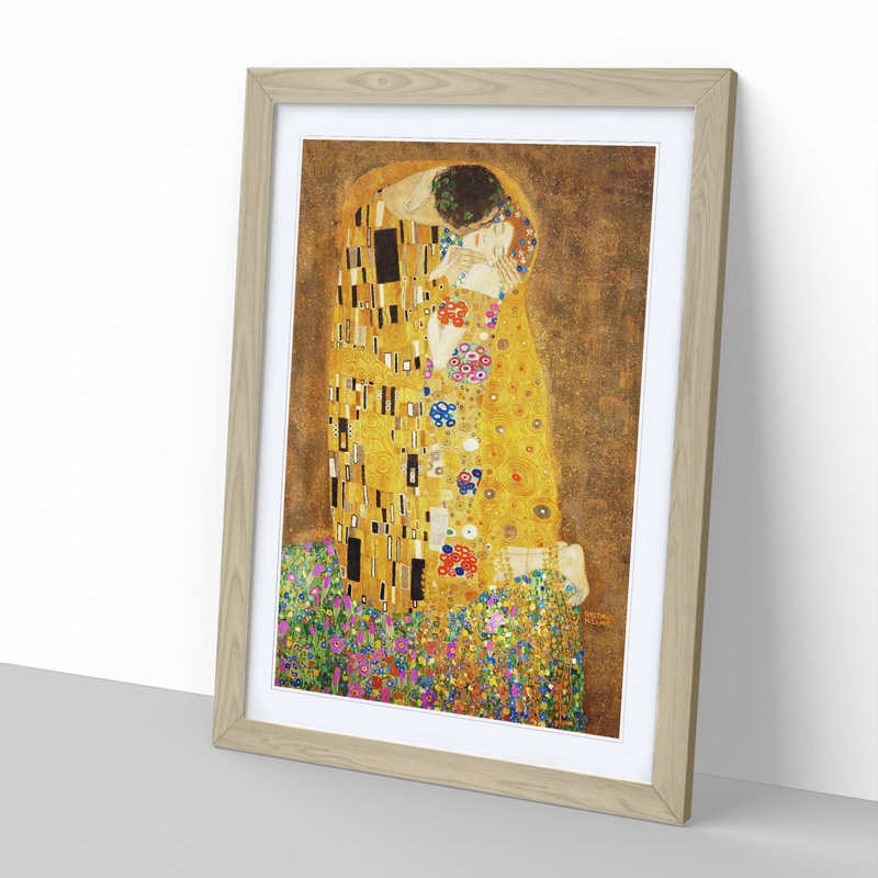 The Kiss by Gustav Klimt - Wall Art, Oak, Brown, 65cm H x 48cm W