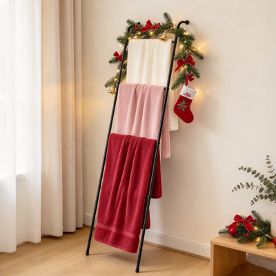 Échelle à couvertures pour salon, échelle à couvertures en métal à 5 ​​niveaux avec 12 crochets, rangement pour chambre, salle de bain, décoration intérieure