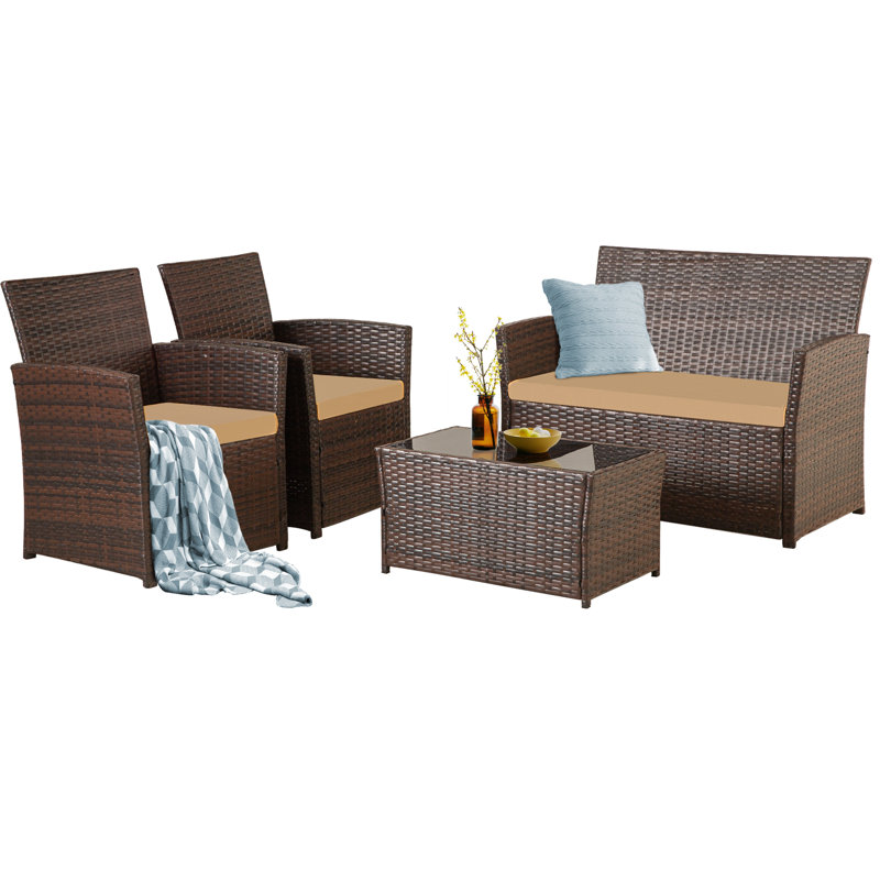 Suleimn 4  Person Seating Group with Cushions, Brown, Brown