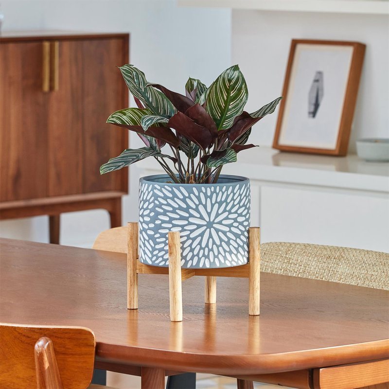 Elayna Ceramic Planter with Wood Stand, 15.6" H x 10" W x 10" D, Gray