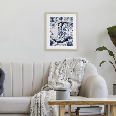 Blue Spring Florals & Boots Framed Print Under Glass, design by Lettered and Lined