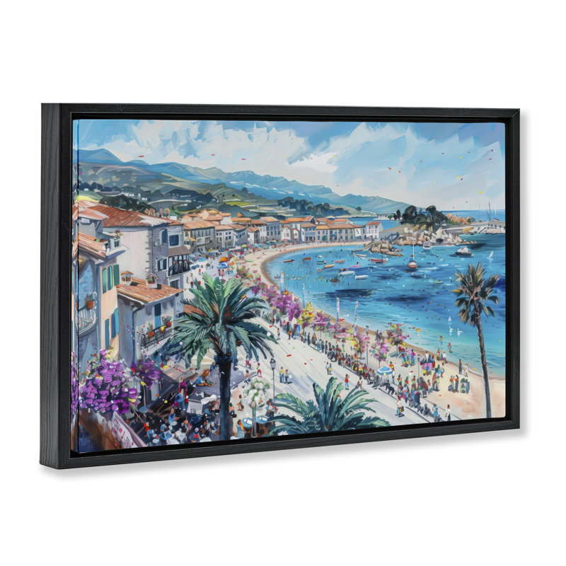 Cadre flottant Busy Summer Beach Town, design par LSR Design Studio, Cadre flottant noir de jais, H 17 po x l 25 po
