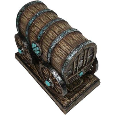 Rustic Western Faux Wooden Carriage Covered Wagon With Turquoise Accent Figurine