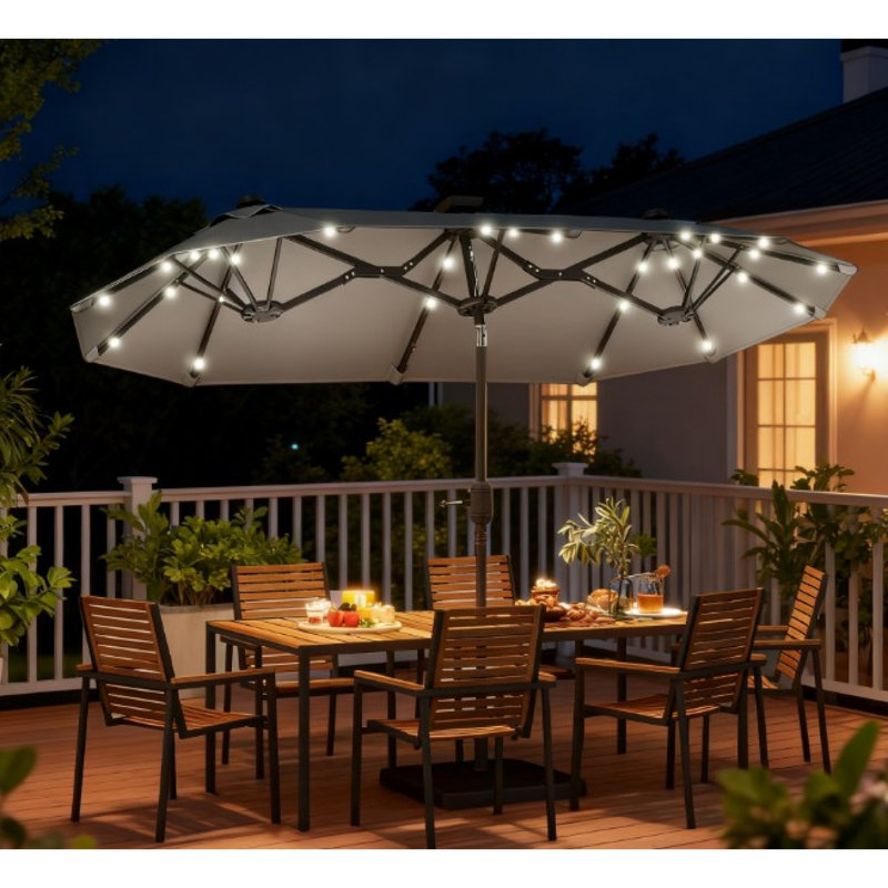 Parasol de patio spacieux avec cadre en acier, lumières solaires, ambiance de salle à manger