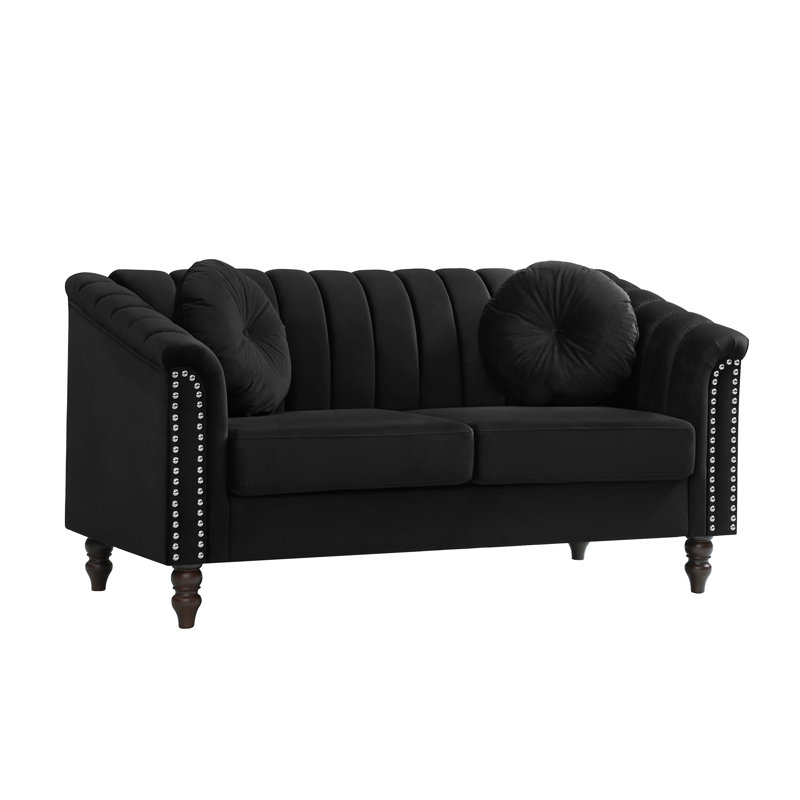 Canapé deux places en velours de 152 cm de large avec accoudoirs arrondis, capitonné et orné de clous décoratifs., Black