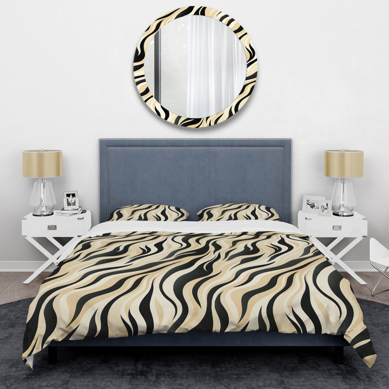 Ensemble de housse de couette abstrait - Futurisme rétro en vagues beiges et noires - Polyester en microfibre