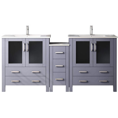Gris foncé foncé de 72 po Large meuble-lavabo double avec armoire latérale, comptoir en céramique blanche, robinet inclus, mécanisme de fermeture en douceur, rangement spacieux dans 2 armoires et 7 tiroirs, comptoir Scratch, robinet