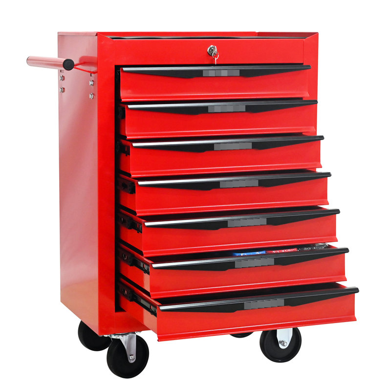 20 po, armoire à outils rouge et noire, 7 tiroirs, glissières à roulement, 4 roues universelles verrouillables, coffre de rangement à clé, verrouillé