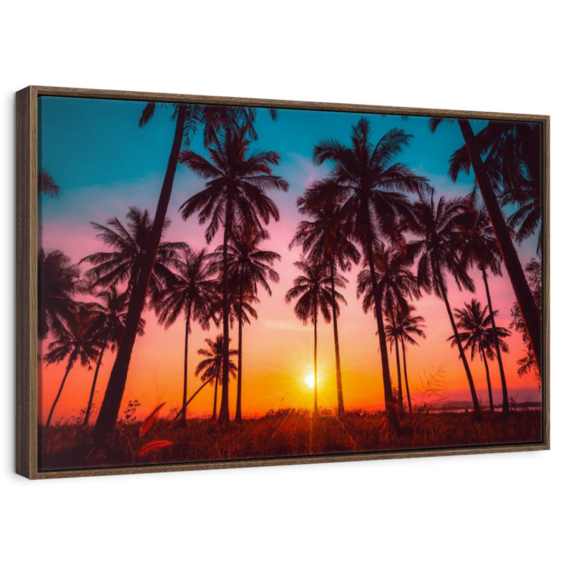 Silhouette coucher de soleil tropical, 25 po x 17 po, Cadre flottant noyer