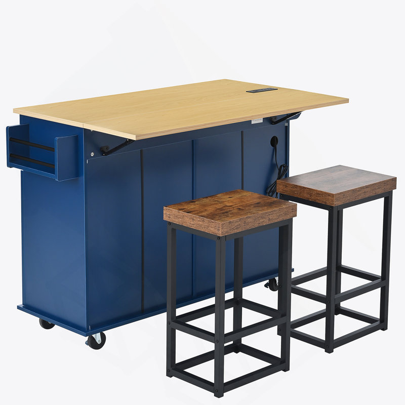 Farmhouse Kitchen Island with Drop Leaf and 2 Seatings, Kitchen Table Set with Storage Cabinet, Drawers, Door Shelves and Power Outlet
