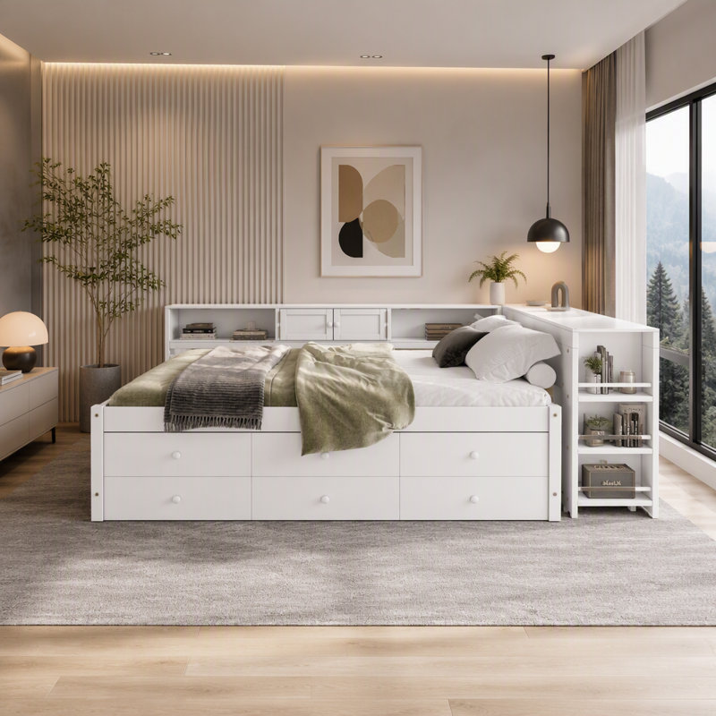 Lit de jour avec couchette, structure de lit de jour en bois avec tiroirs de rangement, tablettes latérales et bureau, Blanc
