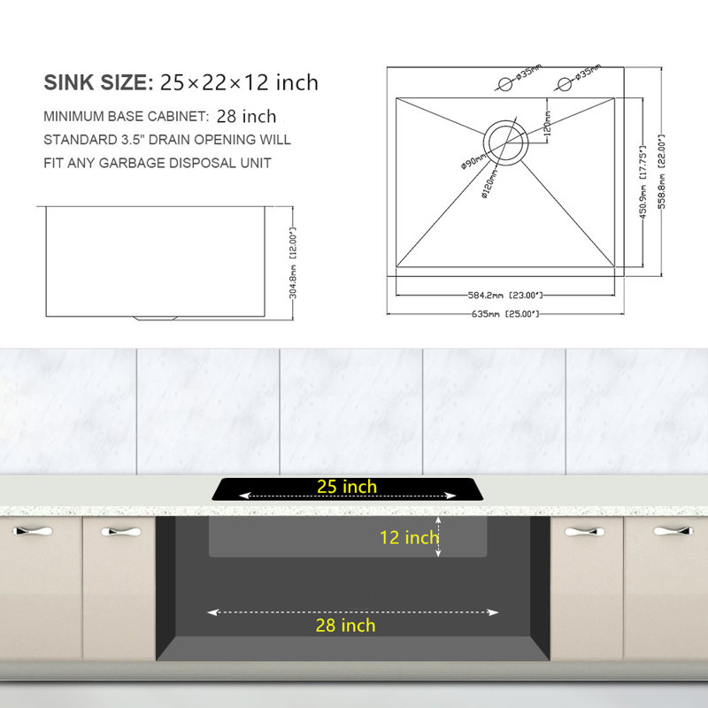 Évier de buanderie en acier inoxydable - Évier de cuisine à cuve simple 25 po x 22 po x 12 po, encastrable par le dessus de calibre 16 | Idée cadeau