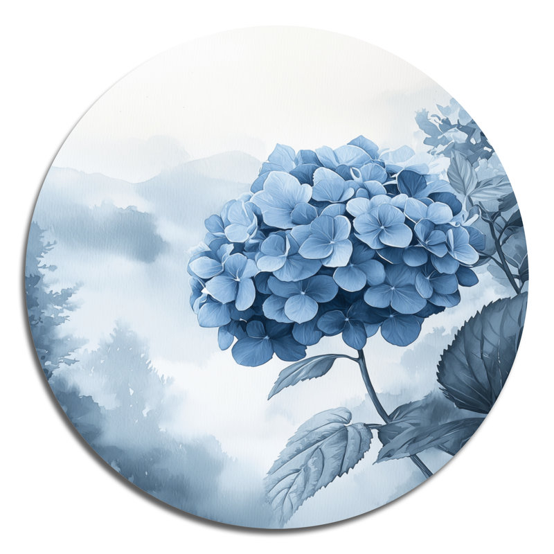 Hortensias dans un jardin brumeux I - hydrangées rondes, art mural en métal bleu traditionnel, H 16 po x l 16 po