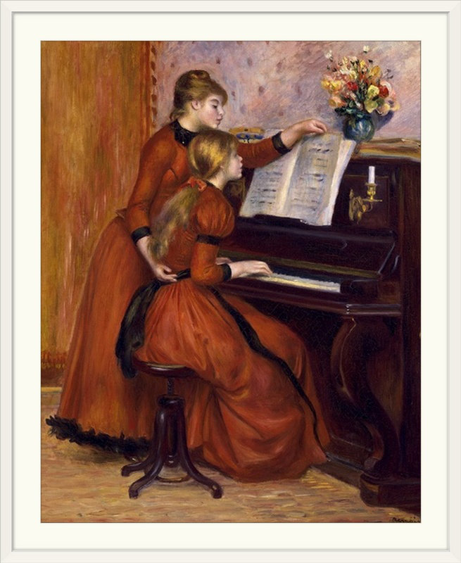 Jeunes filles au piano, ca. 1889 par Pierre-Auguste Renoir - reproduction, H 44 po x l 37 po x P 1 po, Cadre blanc
