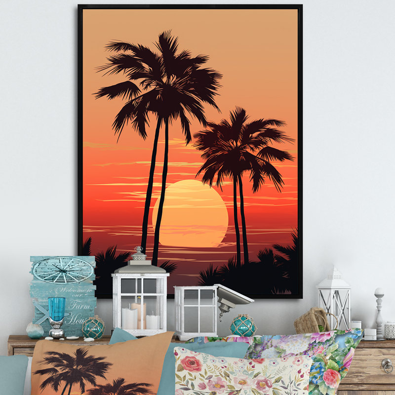 Palmier crépuscule tangerine au coucher du soleil I, Cadre flottant noir, H 32 po x l 16 po x P 1 po