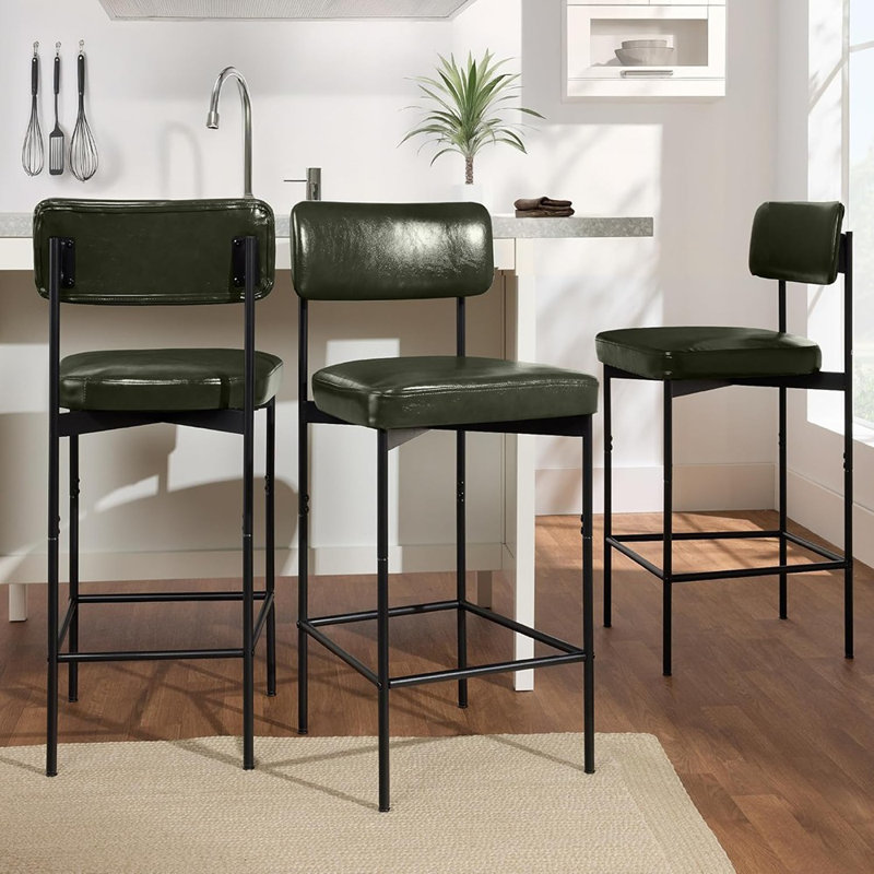 Modern Armless Counter Height Bar Stools With PU Faux Leather Seats, Moss Green