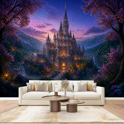 Papier peint mural autocollant représentant un château majestueux, une forêt et un ciel étoilé. Décoration murale moderne pour chambre ou salon. Dimensions : 254 cm (L) x 366 cm (l).