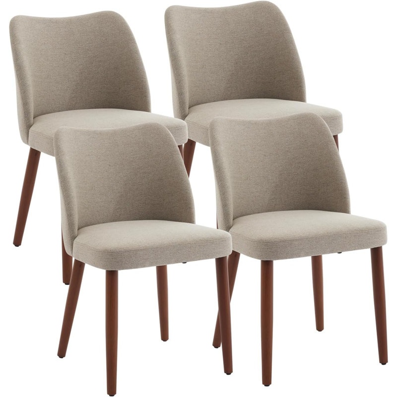 Upholstered Dining Chair with Wood Legs, Wing Backrest, Wooden Kitchen Chair with Thick Cushions, Tan, 4