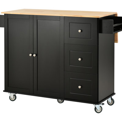 Multifunctional Rolling Kitchen Island: Solid Wood Platform, Locking Wheels, Storage, Drop Leaf Station  Black Island In Black With Worksurface, Wheels And Storage Compartments