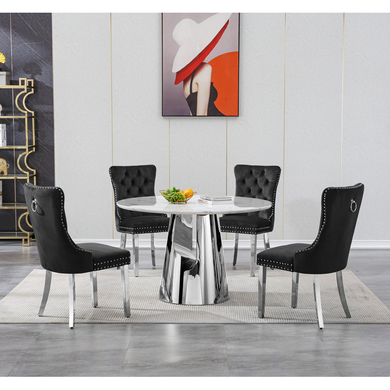 Dining Table Set, 45" Round Marble Dining Table with Velvet Dining Chairs, Circle Kitchen Table Set with Base, Dining Room Table and Chairs Set