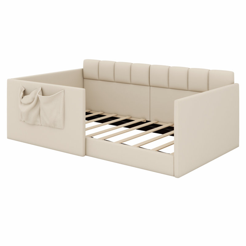 Upholstered Daybed Bed, High Side Panels Design with Side Entrance & Built-in Storage Pockets, Twin, Beige