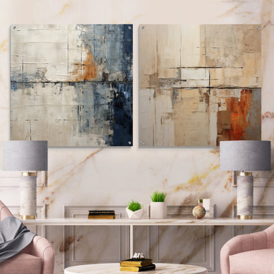 «Abstract Blue Beige Road Collage II», ensemble de 2 peintures murales abstraites en acrylique