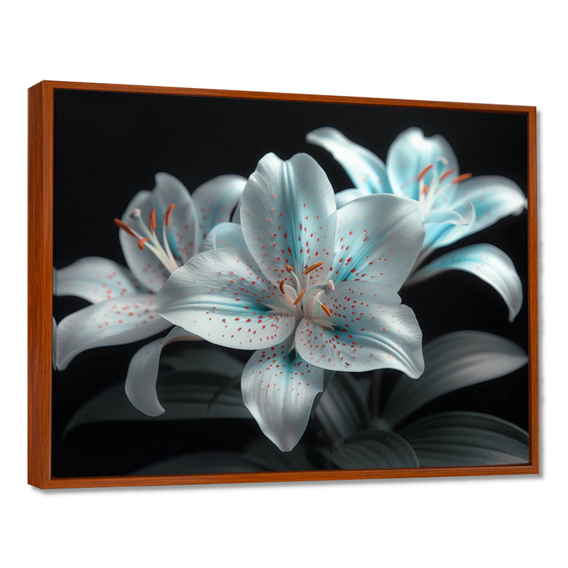 Photo moderne lys en verre blanc et bleu I - salon art mural lys, Cadre flottant brun, H 16 po x l 32 po