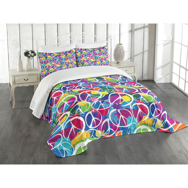 Ambesonne Hippie Bedspread Set Peace Activism Theme Multicolor, King Coverlet / Bedspread + 2 Standard Shams