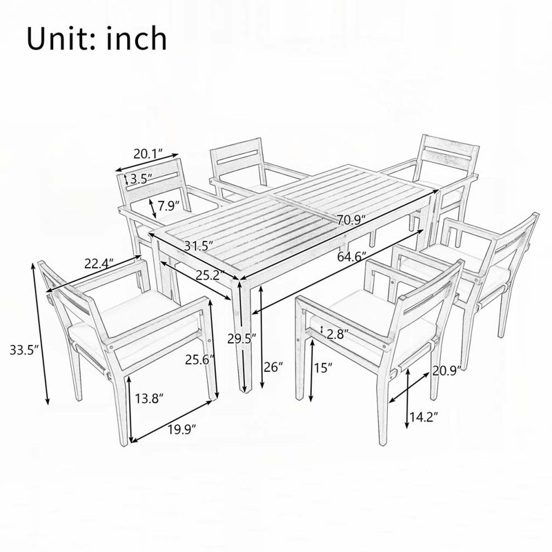 Table et chaises d'extérieur d'extérieur en bois d'acacia 7 pièces, Gris