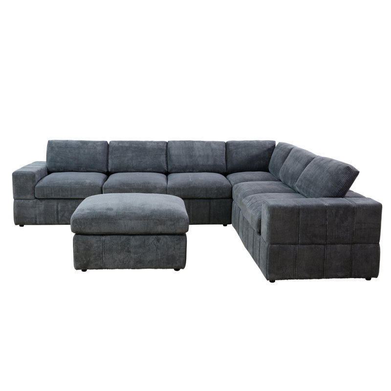 130" Wide 7- Piece Premium Corduroy Reversible Modular Living Room Sectional Sofa With Ottoman, Dark Gray Corduroy