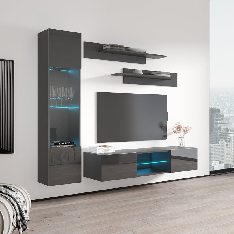 Beoll 85" Modern Floating Wall Mounted Entertainment Center with 16-Color LED Lighting, High Gloss Finish, Gray
