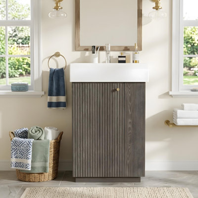 21.6" bathroom vanity with ceramic sink, soft-close door on the left, and right-side cabinet