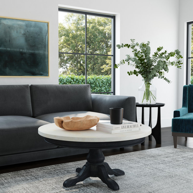 Pedestal Coffee Table, Ivory Top/Black Base