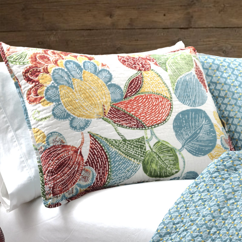 Lush Decor Layla Floral Reversible Cotton Quilt Set, Orange/Blue, King Quilt + 2 King Shams