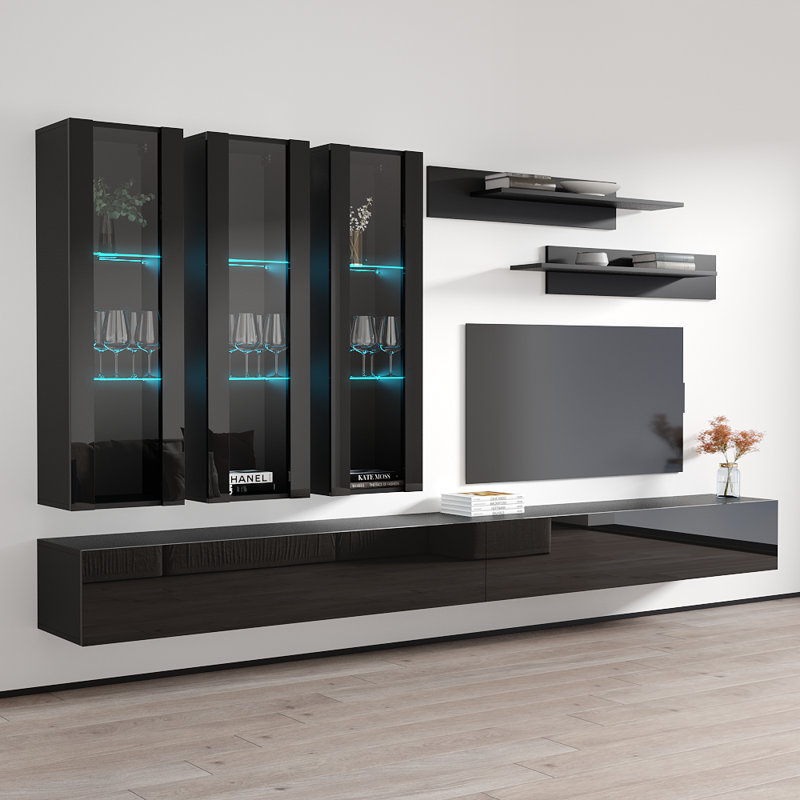 Vredenburgh 126" Modern Floating Wall Mounted Entertainment Center with 16-Color LED Lighting, High Gloss Finish, Black