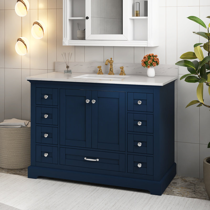 Ensemble de meuble-lavabo mural 48 po avec plateau en bois massif, Marine