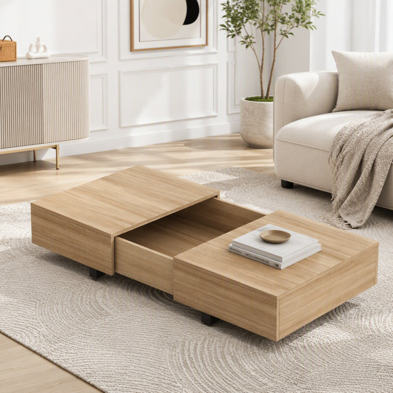 Table basse à plateau coulissant avec rangement dissimulé, Naturel