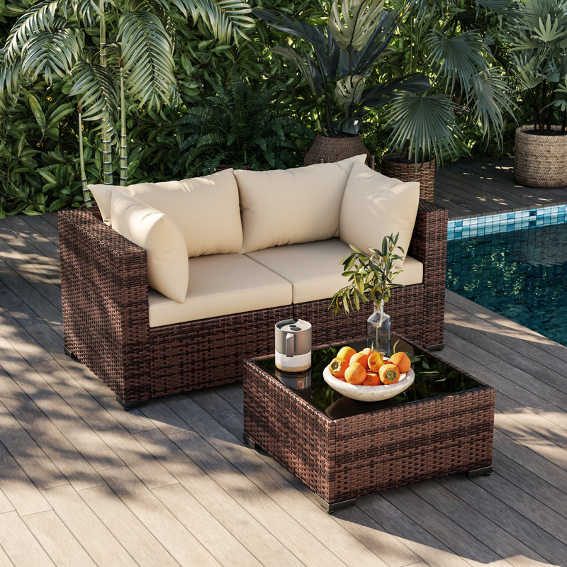 2-Person Outdoor Seating Group With Coffee Table, Beige
