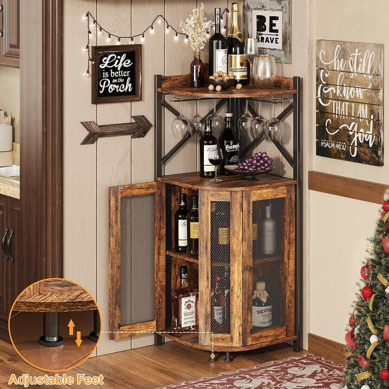 Meuble-bar de coin avec éclairage DEL, cave à vin à 4 niveaux avec porte-verres, porte et étagères, style industriel rustique