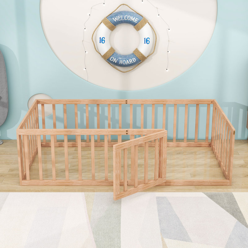 Lit simple en bois avec garde-corps et porte, Naturel