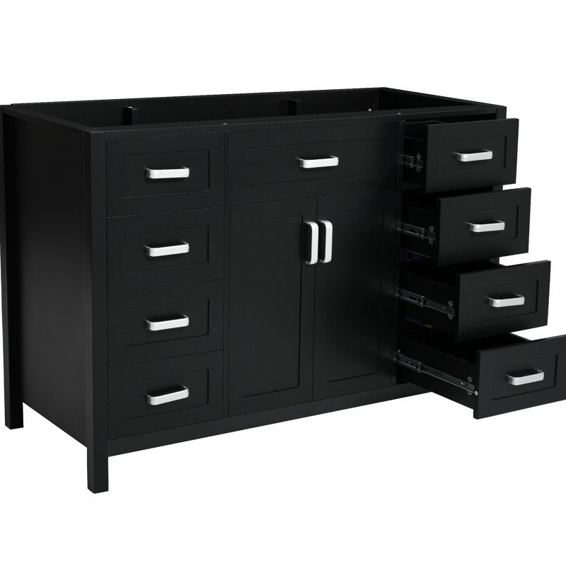 Meuble-lavabo de 47 po seulement, 2 portes à fermeture douce, 8 tiroirs, design classique, finition noire et pin, poignées en aluminium, support réglable pour une installation sur des surfaces inégales
