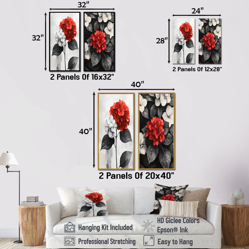 Hortensias monochromes avec décor de pétales rouges - Collection d'art mural floral 2 pièces, Cadre flottant blanc