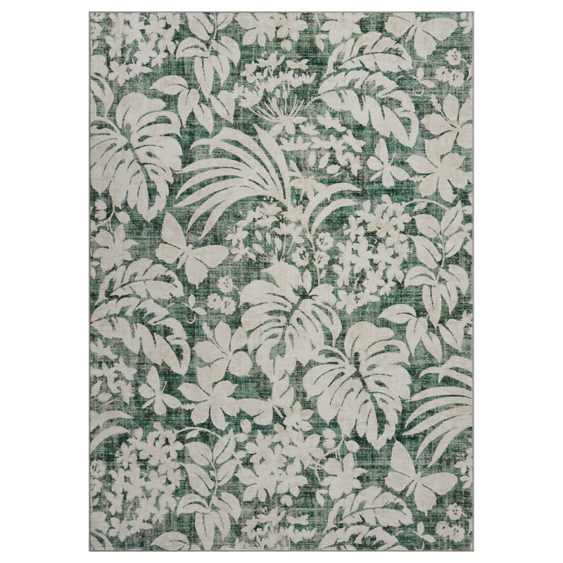 Soft Botanical Leaf Area Rug – Washable, Collapsible, Non-Slip, Mark-Resistant, Soft Faux Woolen – For Living Room, Bedroom, Kitchen – Green Tone, 10x13ft