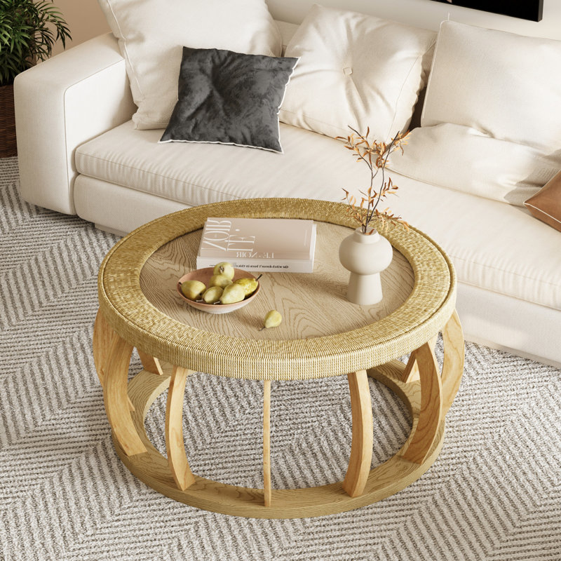 Table basse ronde de 34,82 po, pieds en bois massif, centre de table bohémien côtier et courbée polyvalente pour différents styles de pièce
