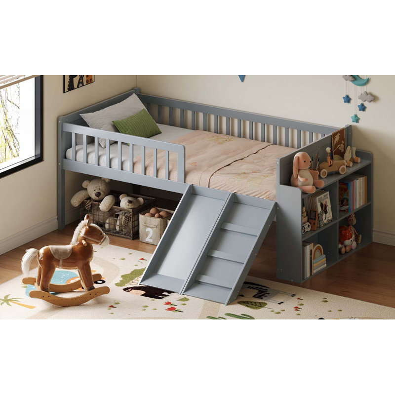 Structure de lit avec tablette de rangement, structure de lit en bois avec glissière et échelle, lit plateforme simple avec garde-corps, aucun sommier nécessaire