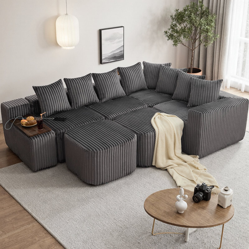 Canapé modulaire en forme de U désossé de 137,5 po avec charge USB et sans fil, table basse mobile et repose-pieds, canapé modulaire en velours côtelé 8-en-1 sans assemblage requis pour les grands salons (6 places)