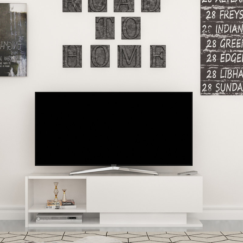 Meuble télé moderne blanc avec design mural, 47,2 x 13,0 x 13,0 pouces | 100% panneau de particules enduit de mélamine, épaisseur: 0,7 pouce | Nombreuses tablettes pour un rangement supplémentaire, une solution de divertissement à la maison élégante et fonctionnelle