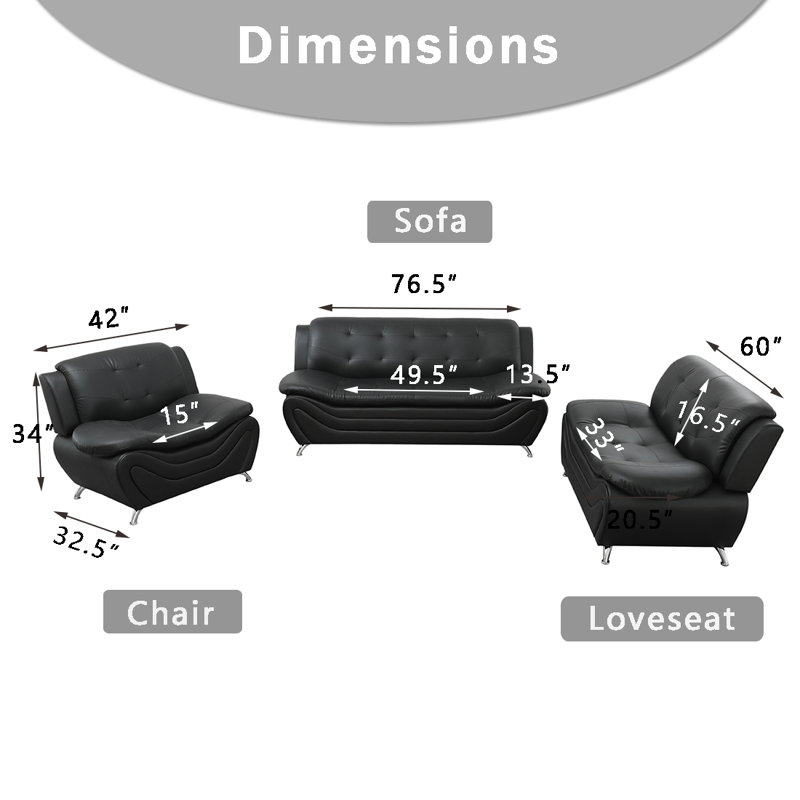 Black Faux Leather 3-Piece Sofa Set with High-Density Foam and Metal Legs, Black Faux Leather