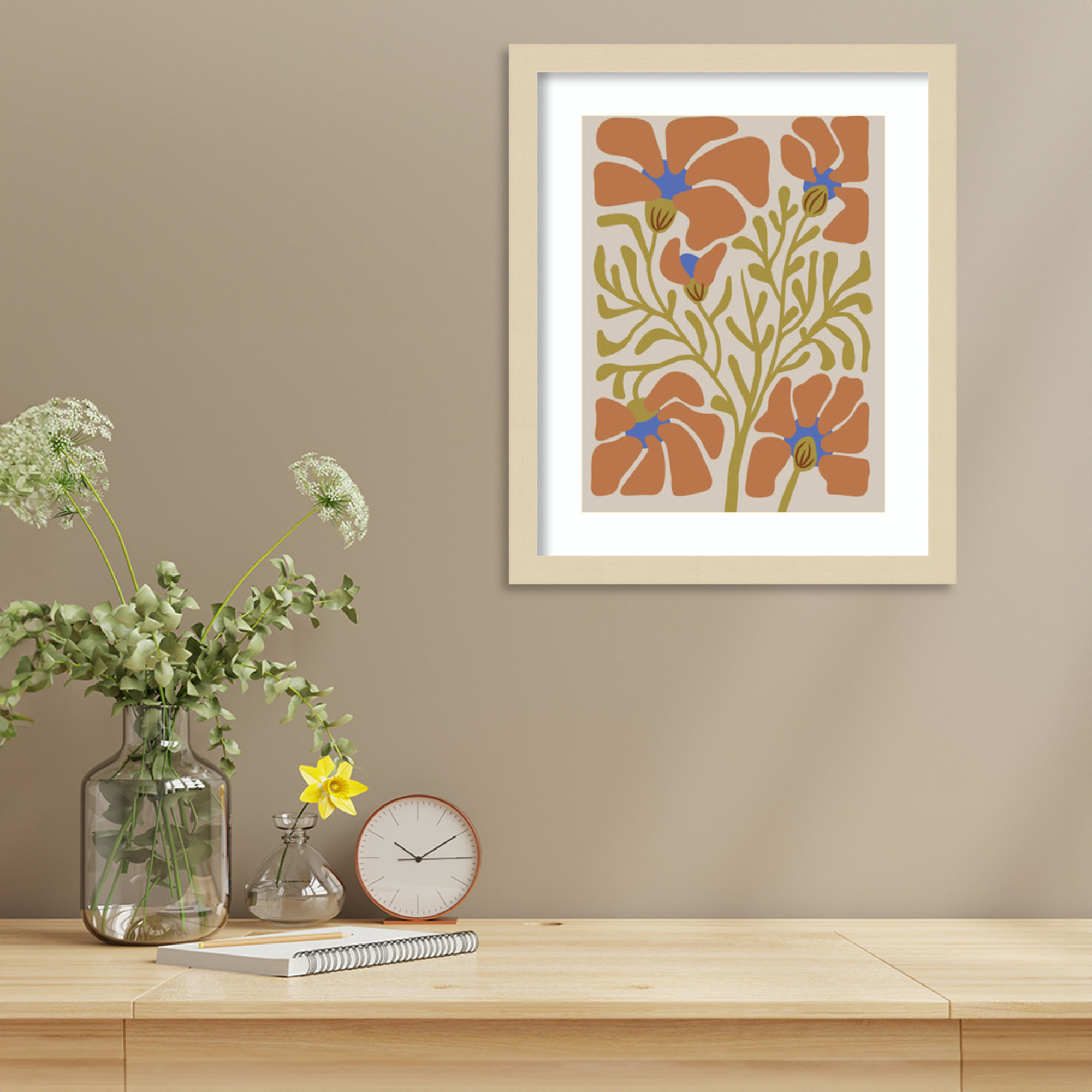 Expressive Abstract House Plant Orange On Tan Framed On Paper by The Creative Bunch Studio Print, Brown, 17" H x 14" W x 1" D