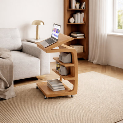 Table à plateau rabattable avec rangement, table de bout mobile en bois massif avec roulettes, table d'appoint polyvalente pour le bureau à domicile